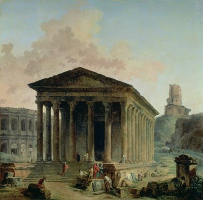 The Maison Carree with the Amphitheatre and the Tour Magne at Nimes, 1786-87 by Hubert Robert